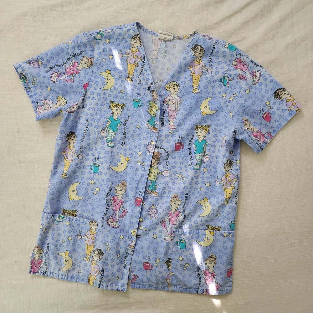 Vintage scrub top shirt night shift nurse overlay medium pediatrics